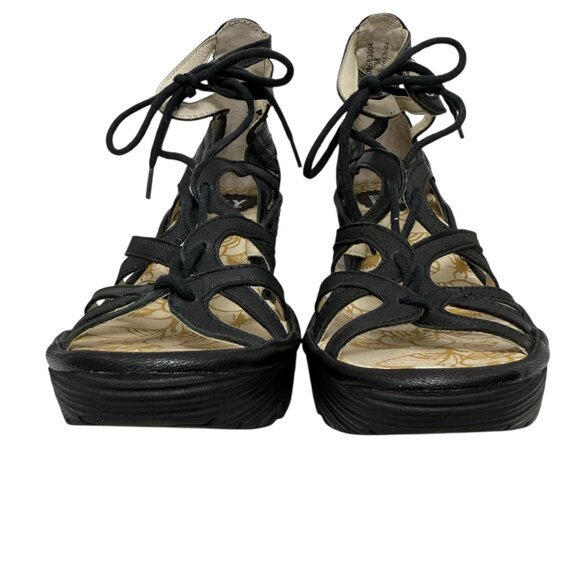 Fly London Yuke Sandal Wedge Heel Strappy Lace up Black Leather EU 38 US 7.5-8 - Picture 2 of 11